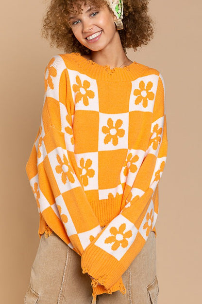 Oversized Checkered Daisy Distressed Sweater