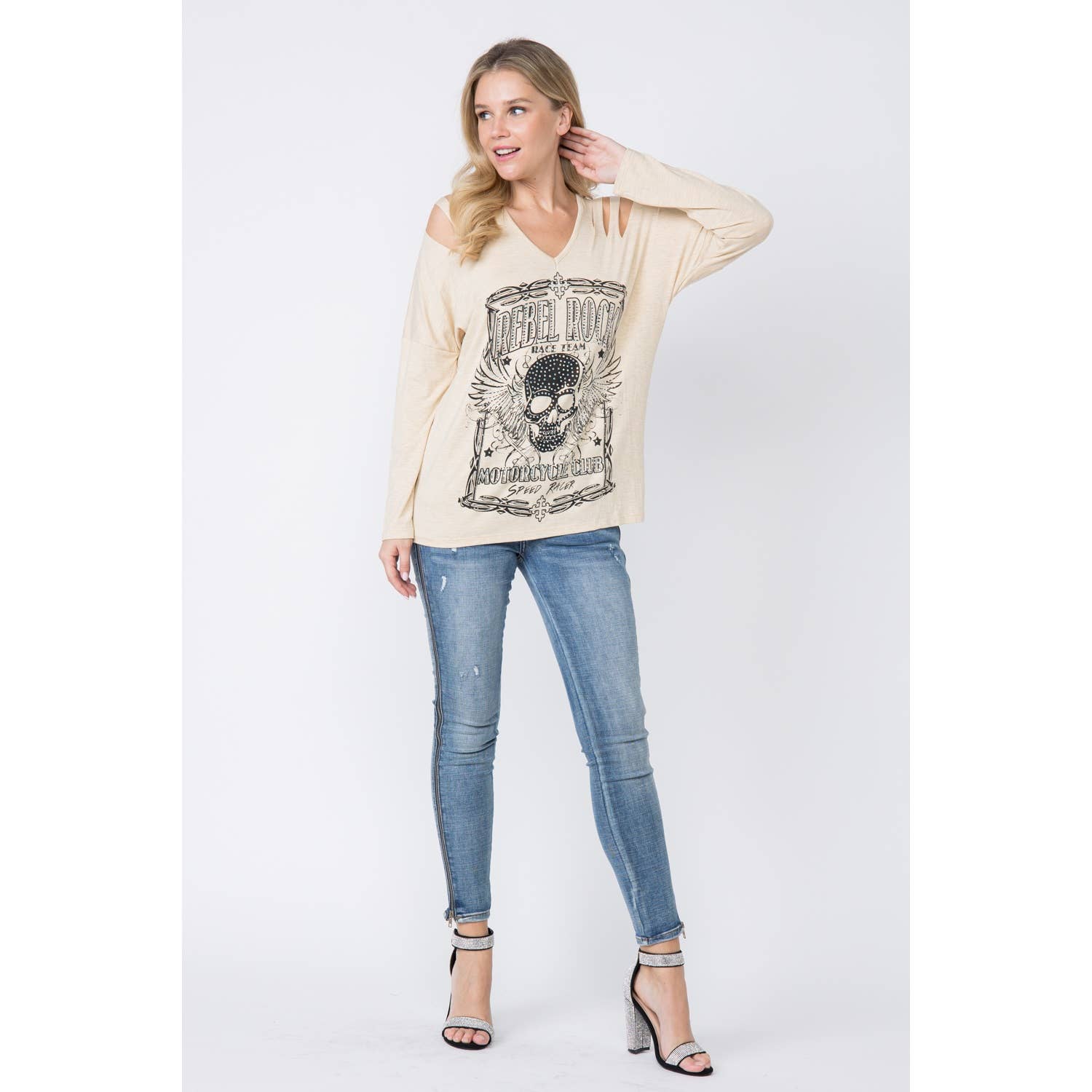 Long T-Shirt With Rhinestone Skull