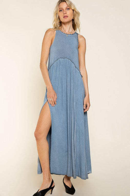 Stone Washed Side Slit Sleeveless Maxi Dress