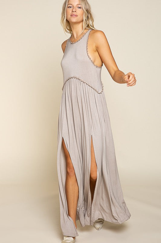 Stone Washed Side Slit Sleeveless Maxi Dress