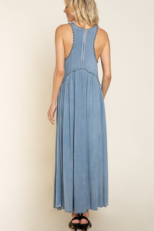 Stone Washed Side Slit Sleeveless Maxi Dress