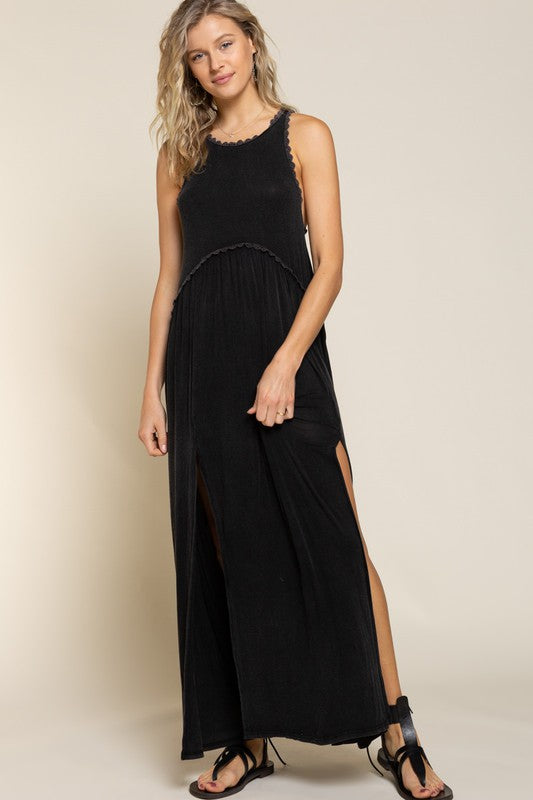 Stone Washed Side Slit Sleeveless Maxi Dress