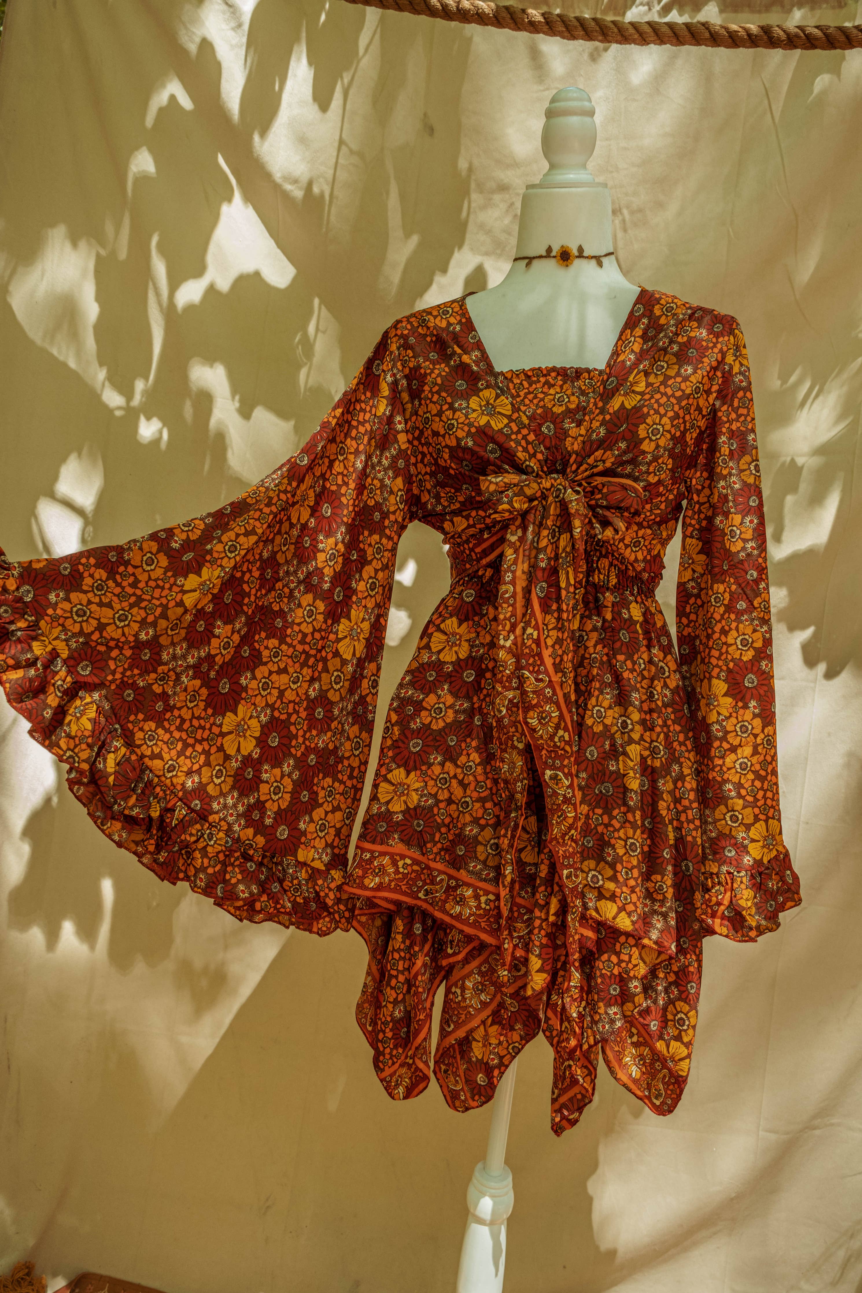 2 Piece Matching Set - Hippie Bohemian Fairy Bell Sleeve Top and Dress