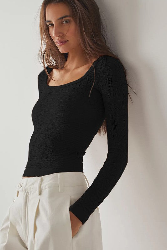 Fitted Long Sleeve Shirred Top