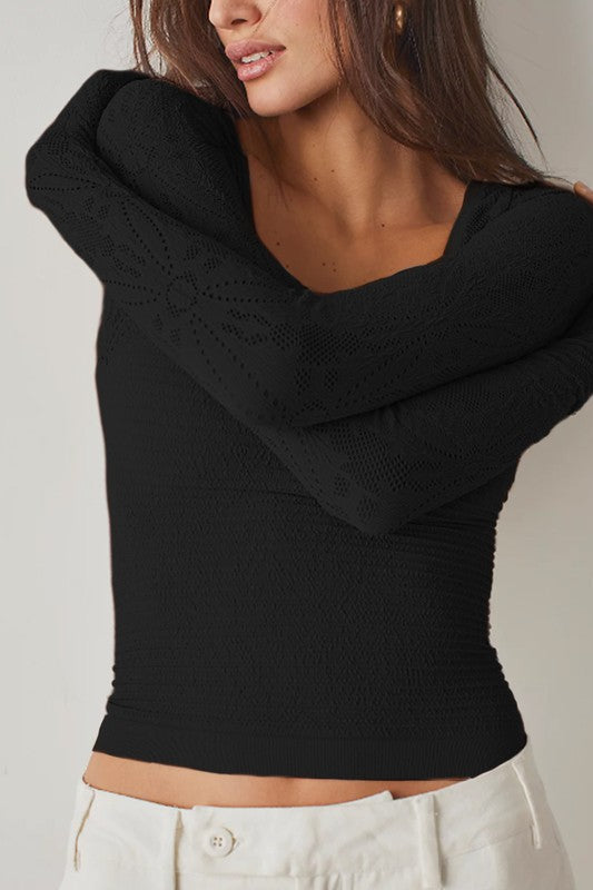 Fitted Long Sleeve Shirred Top