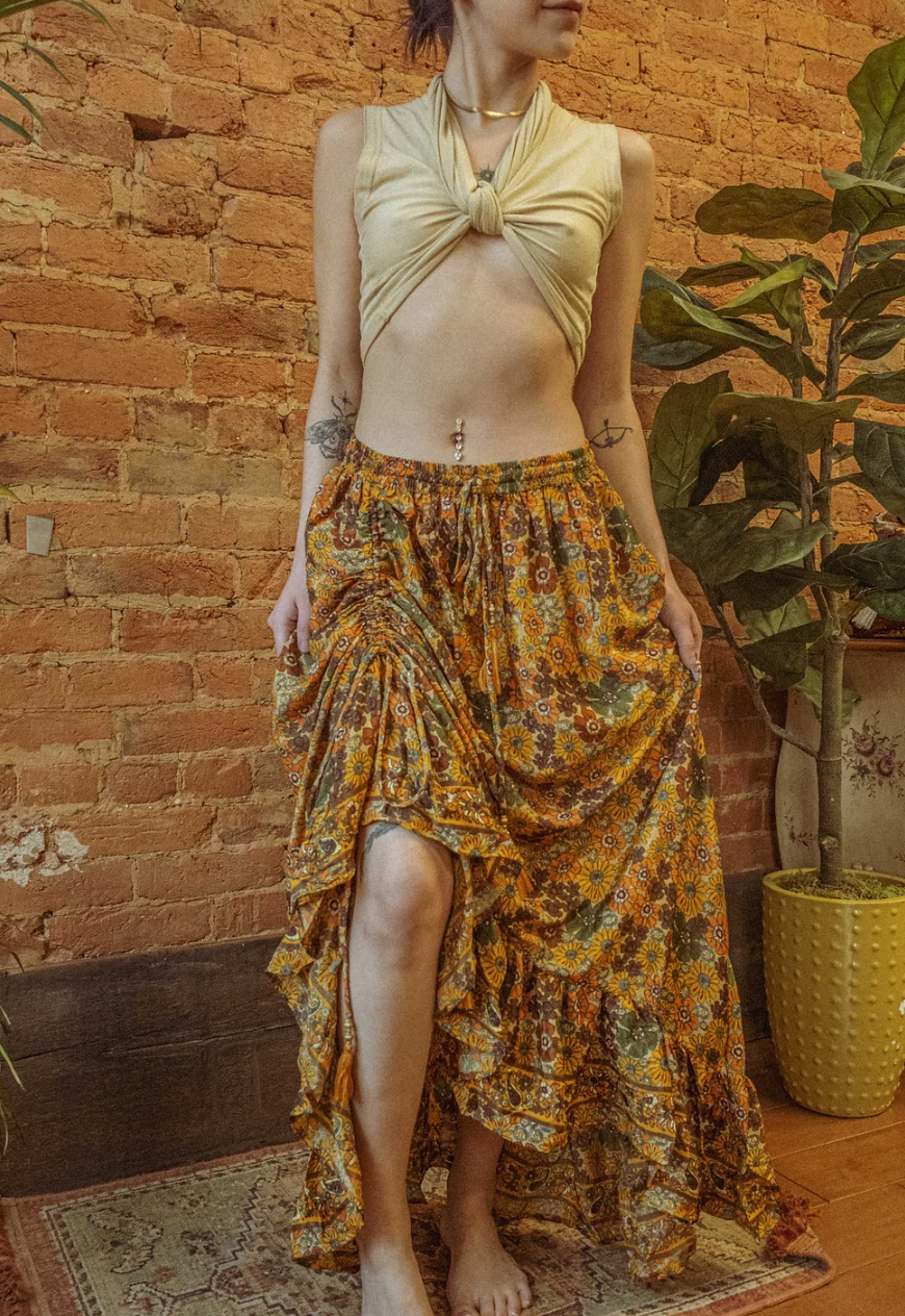 Floral Silk Cinch Maxi Skirt