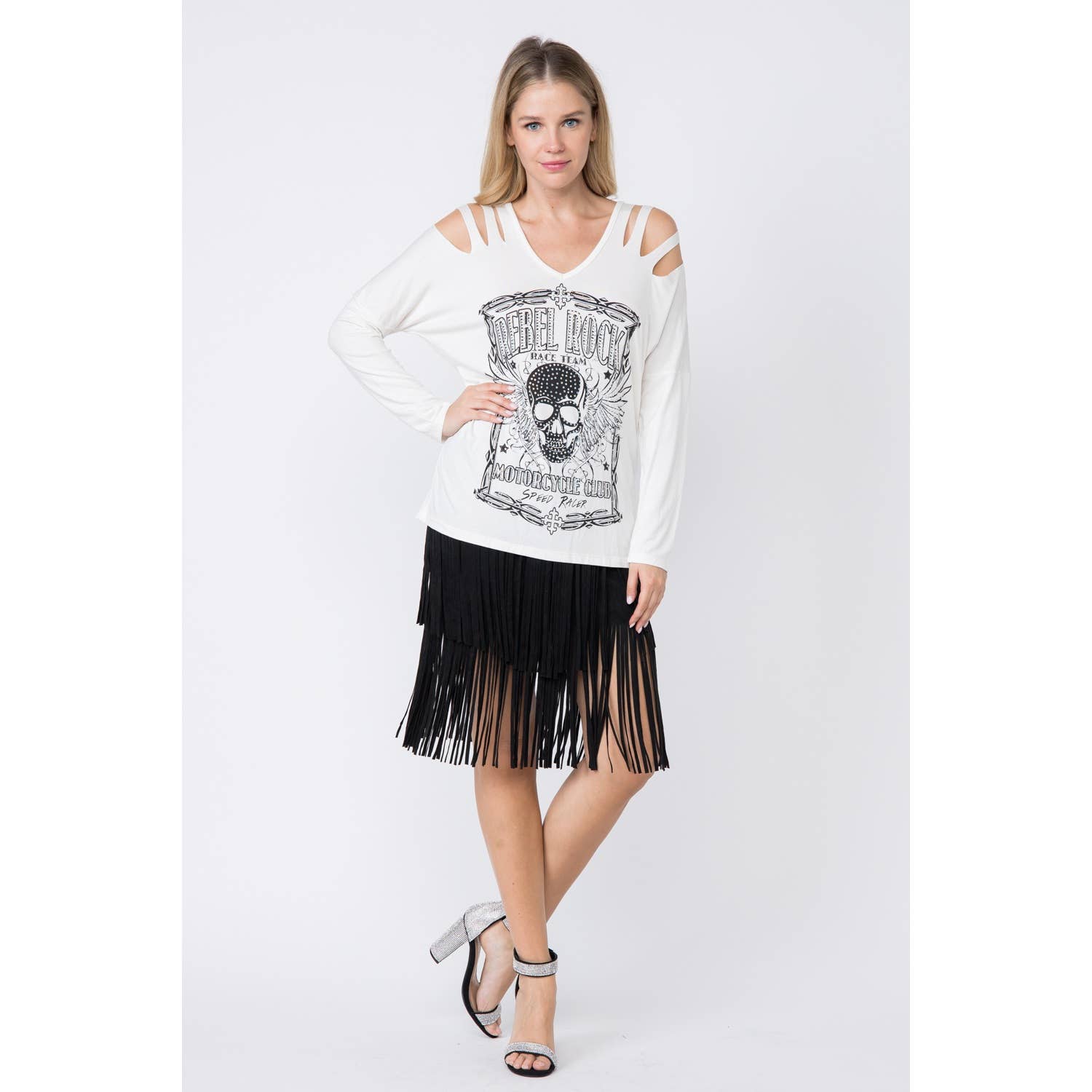 Long T-Shirt With Rhinestone Skull