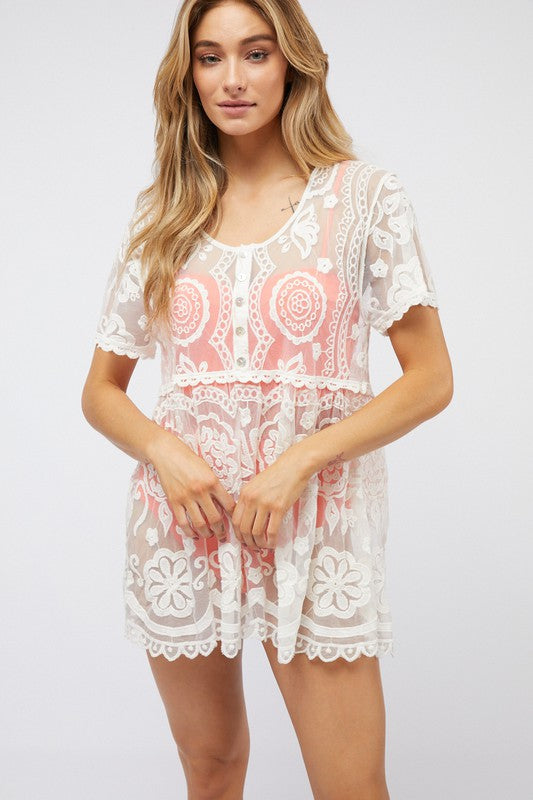 Sheer Crochet Lace Button Cover Up