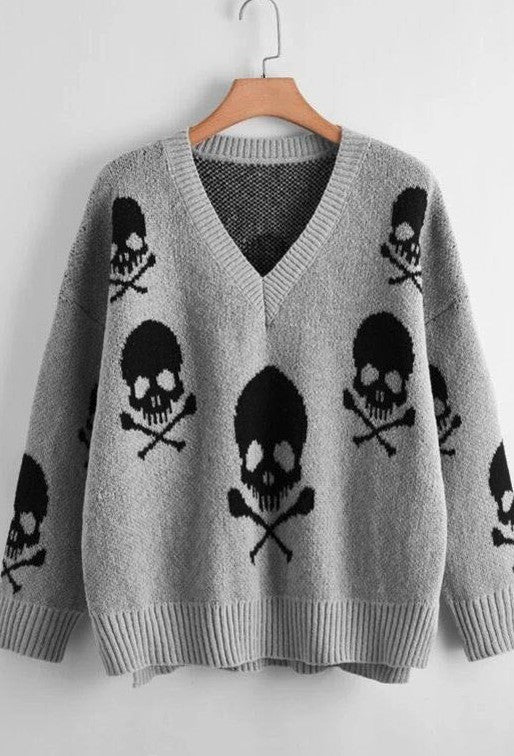 Skull V-Neck Drop Shoulder Sweater