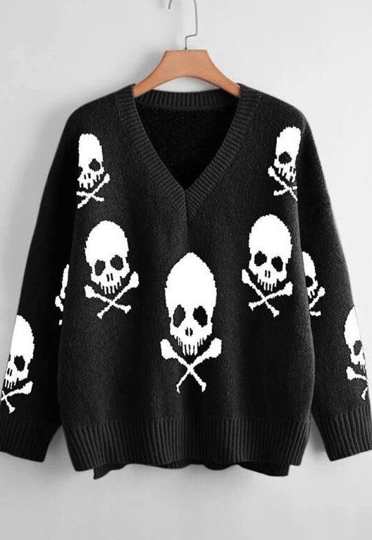 Skull V-Neck Drop Shoulder Sweater