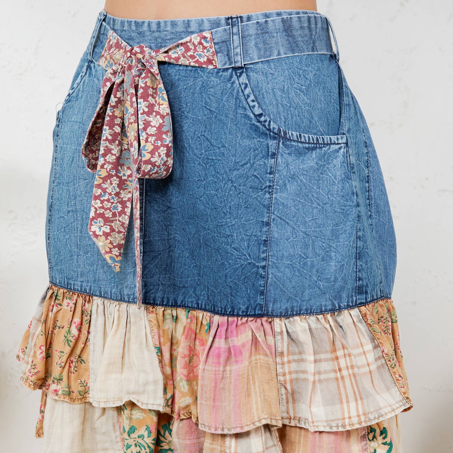 Playful Denim Mini Skirt with Plaid Patch