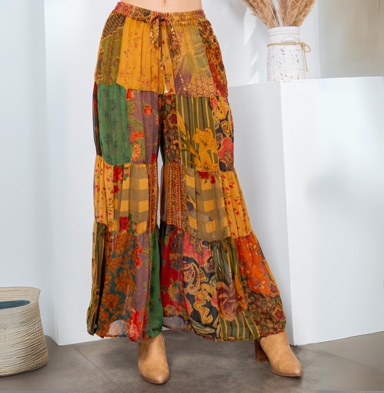 Long Flared Patchwork Pants Plus