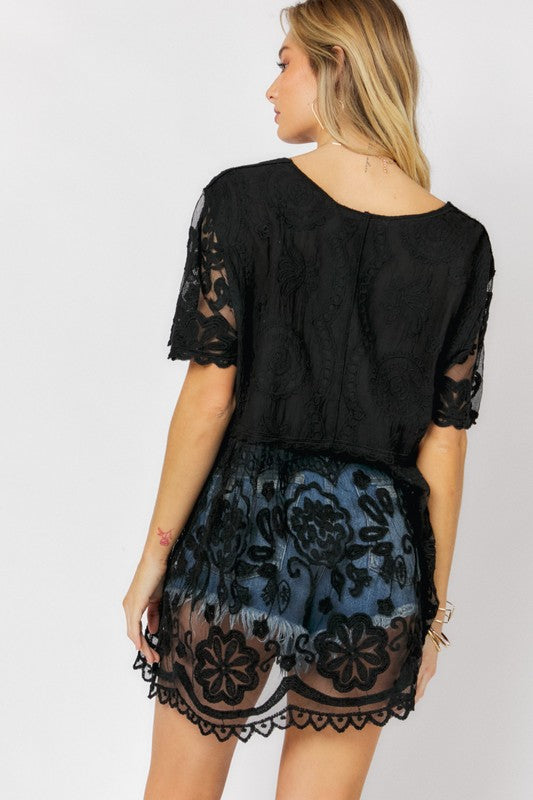 Sheer Crochet Lace Button Cover Up