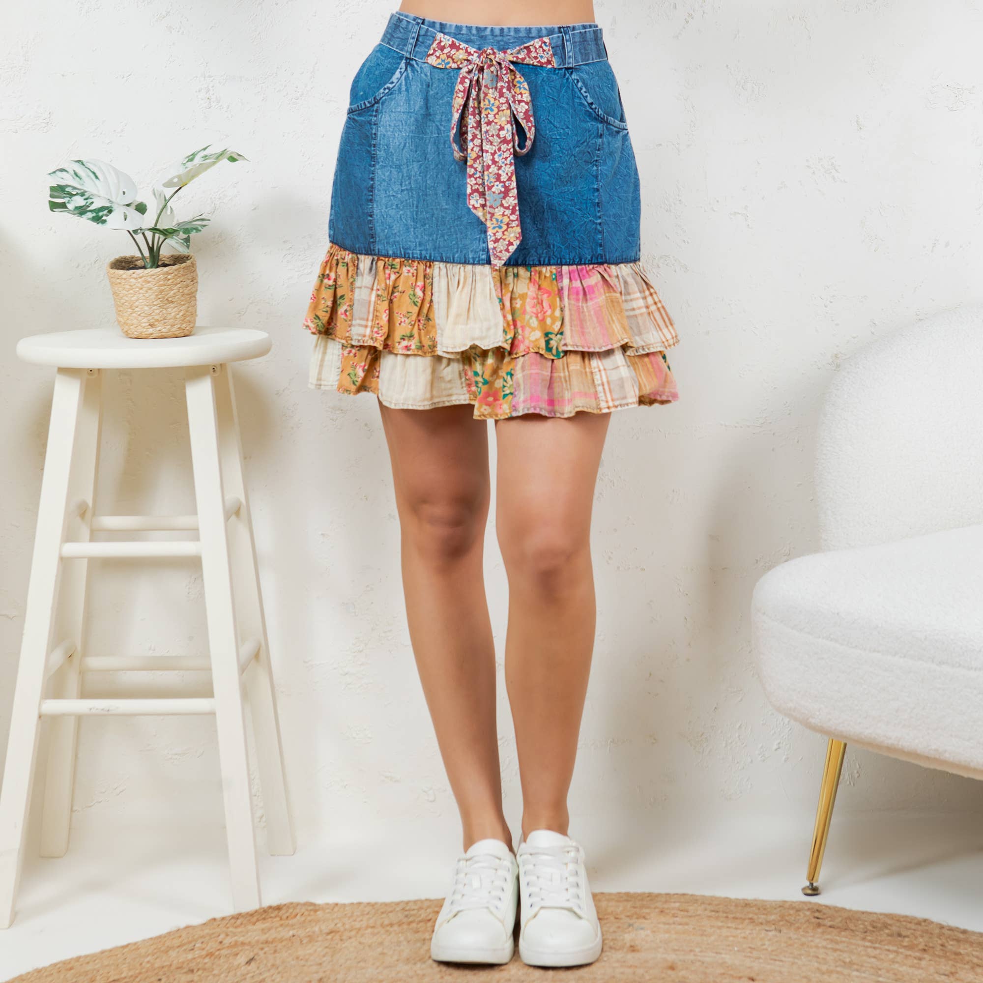 Playful Denim Mini Skirt with Plaid Patch