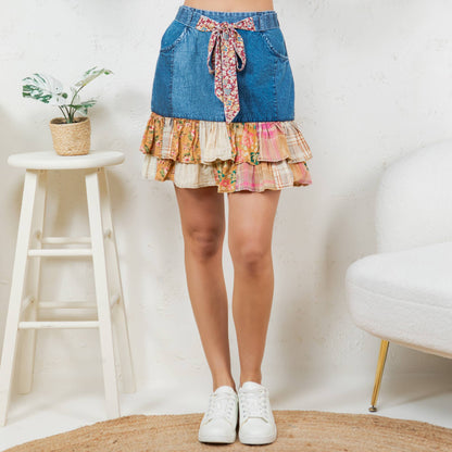 Playful Denim Mini Skirt with Plaid Patch