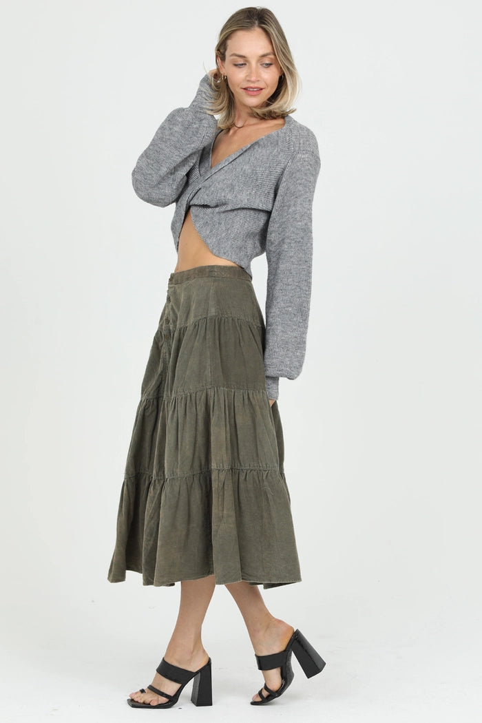 Button Front Tiered Corduroy Skirt