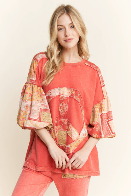 Peace Sign Blouse with Puff Sleeves