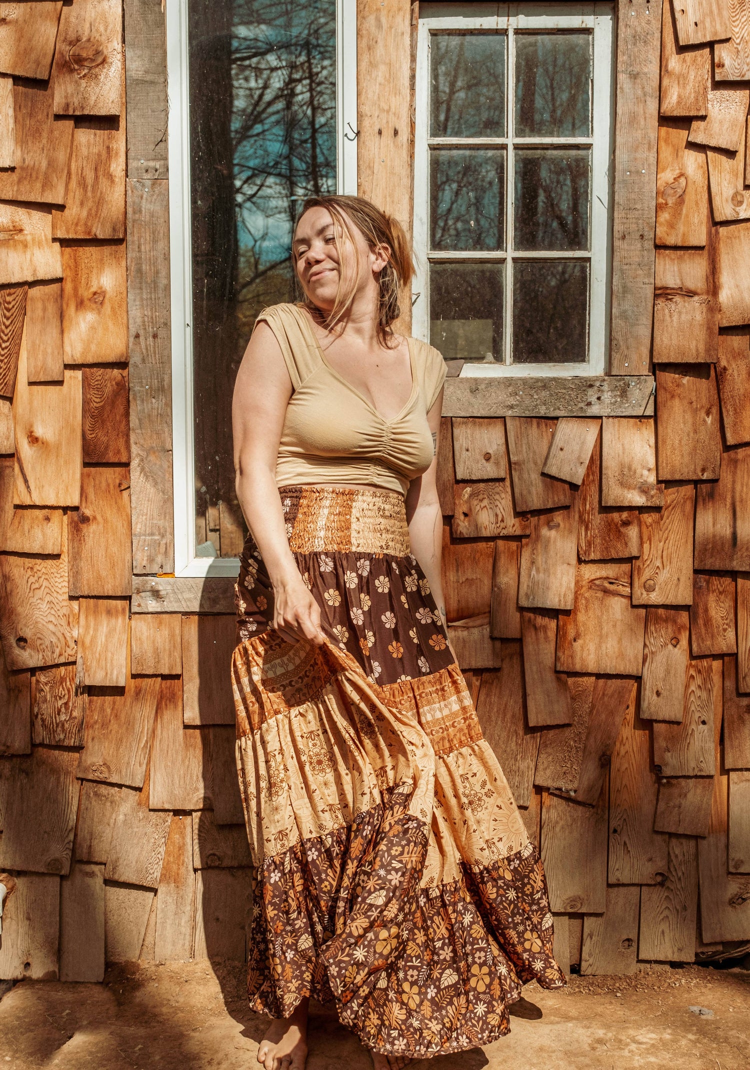 Bohemian Earthy Silk Tiered Maxi Skirt