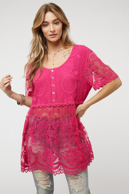 Sheer Crochet Lace Button Cover Up