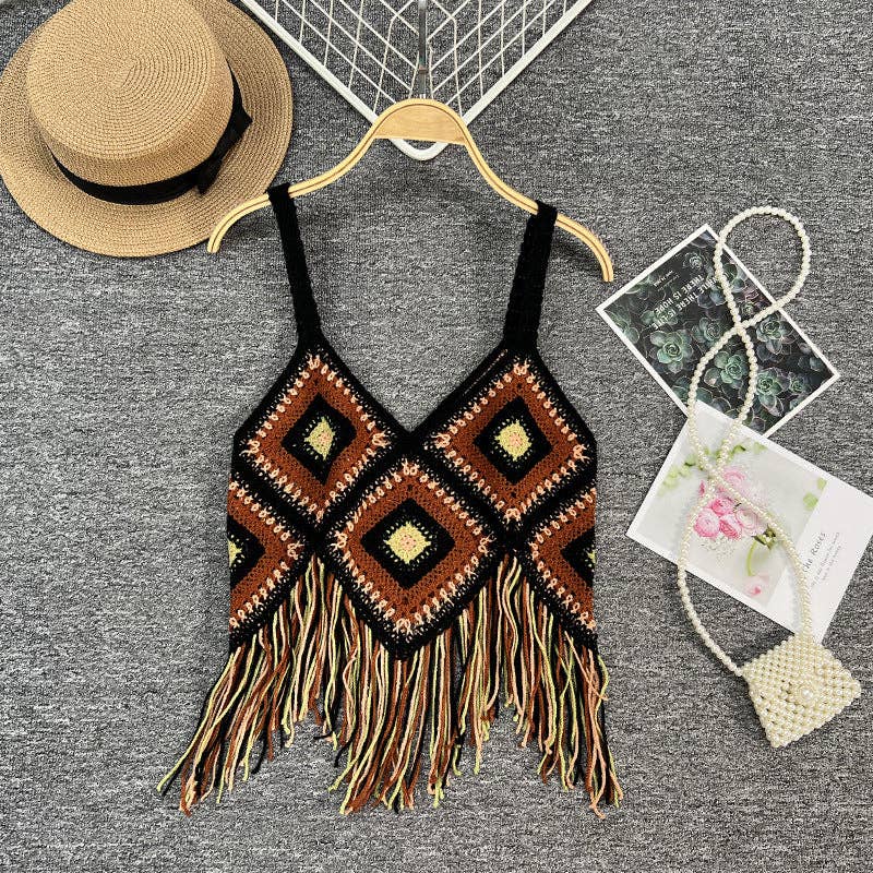 Checkered Bohemian Tassel Tank Top