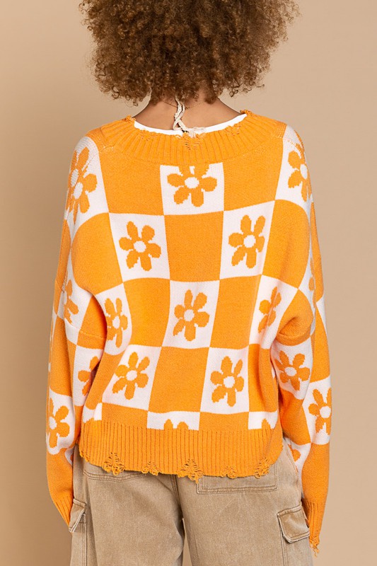 Oversized Checkered Daisy Distressed Sweater