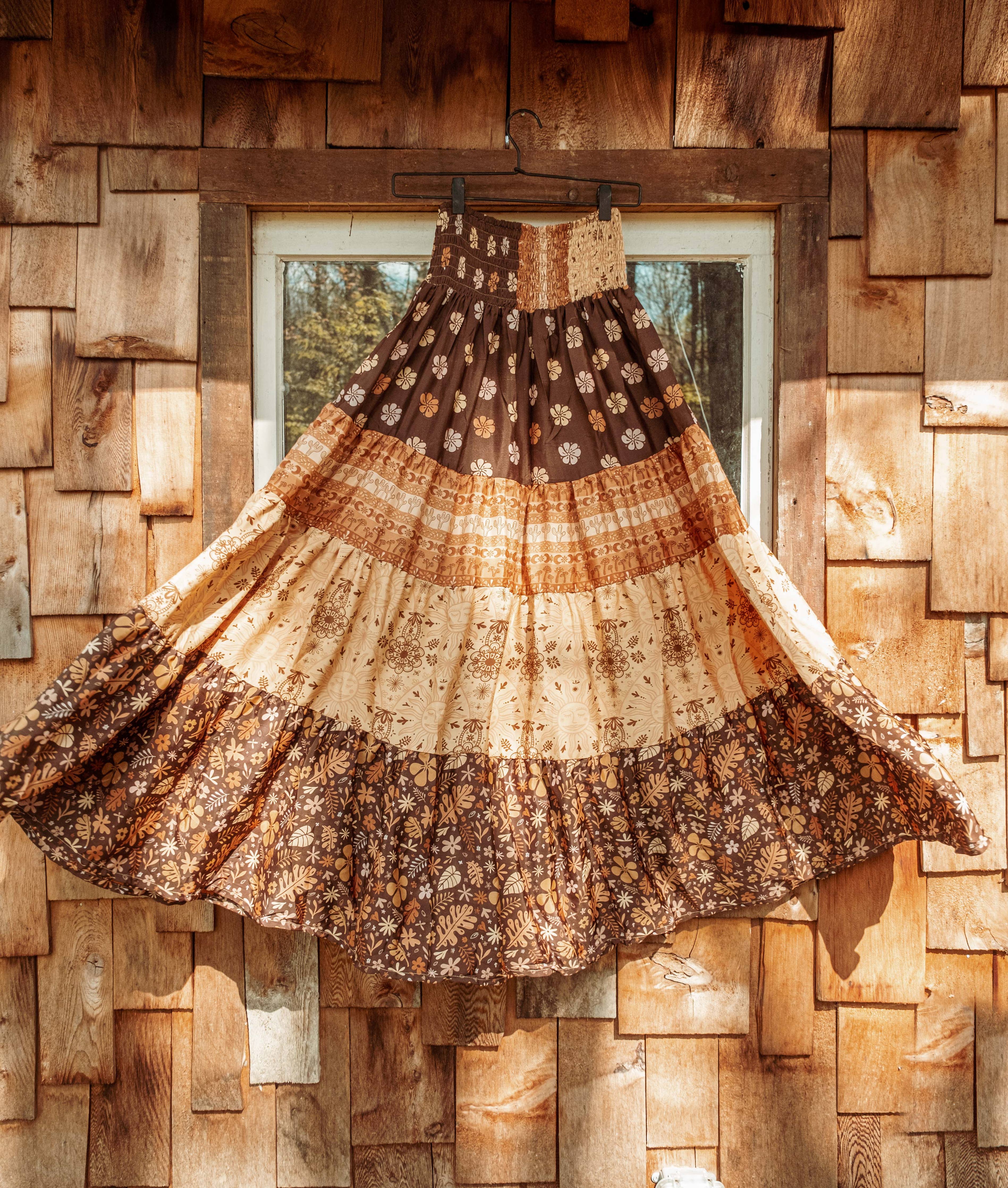 Bohemian Earthy Silk Tiered Maxi Skirt