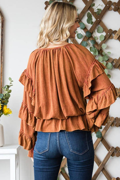 Washed Ruffle Sleeve Peplum Top