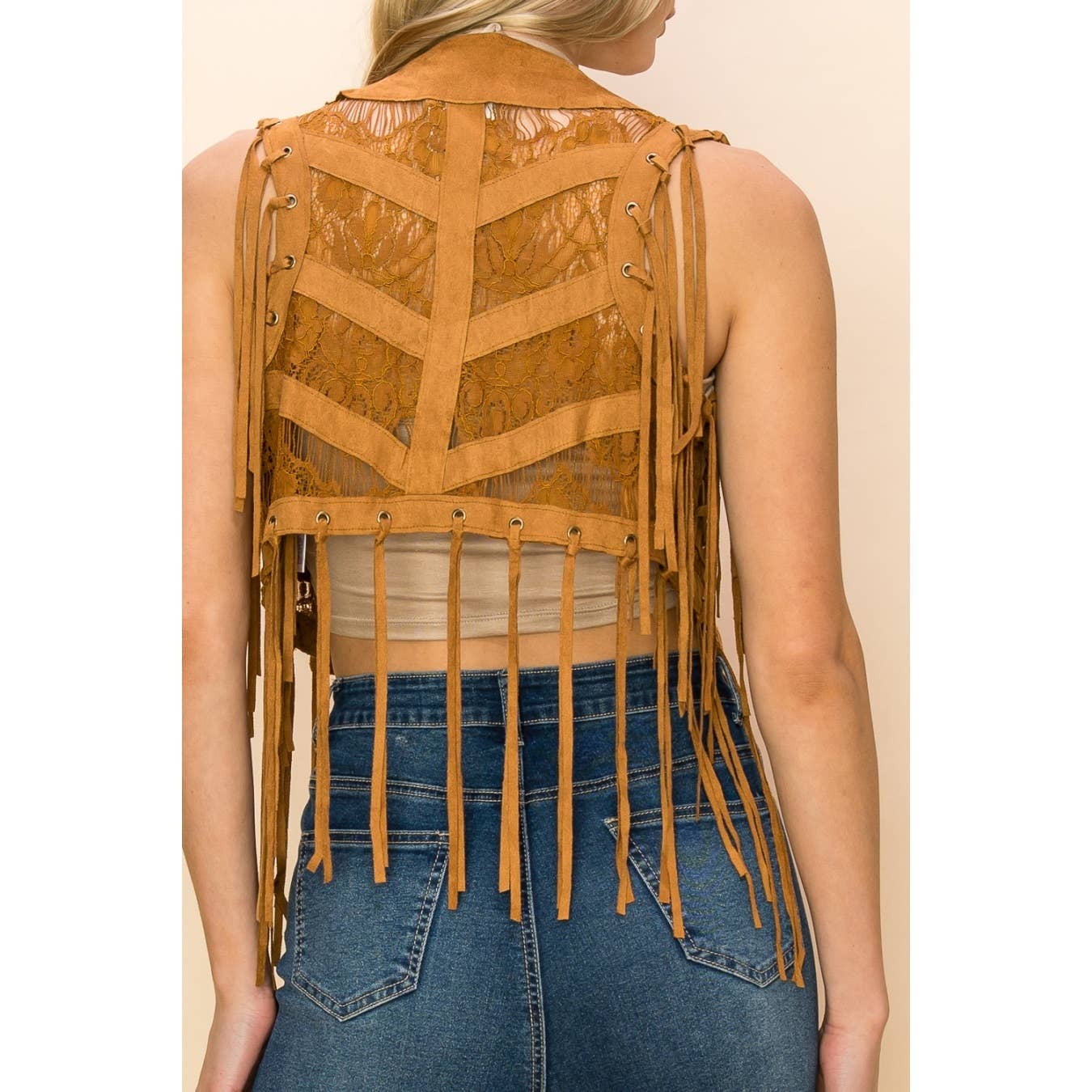 Cropped Lace Vest with Fringe