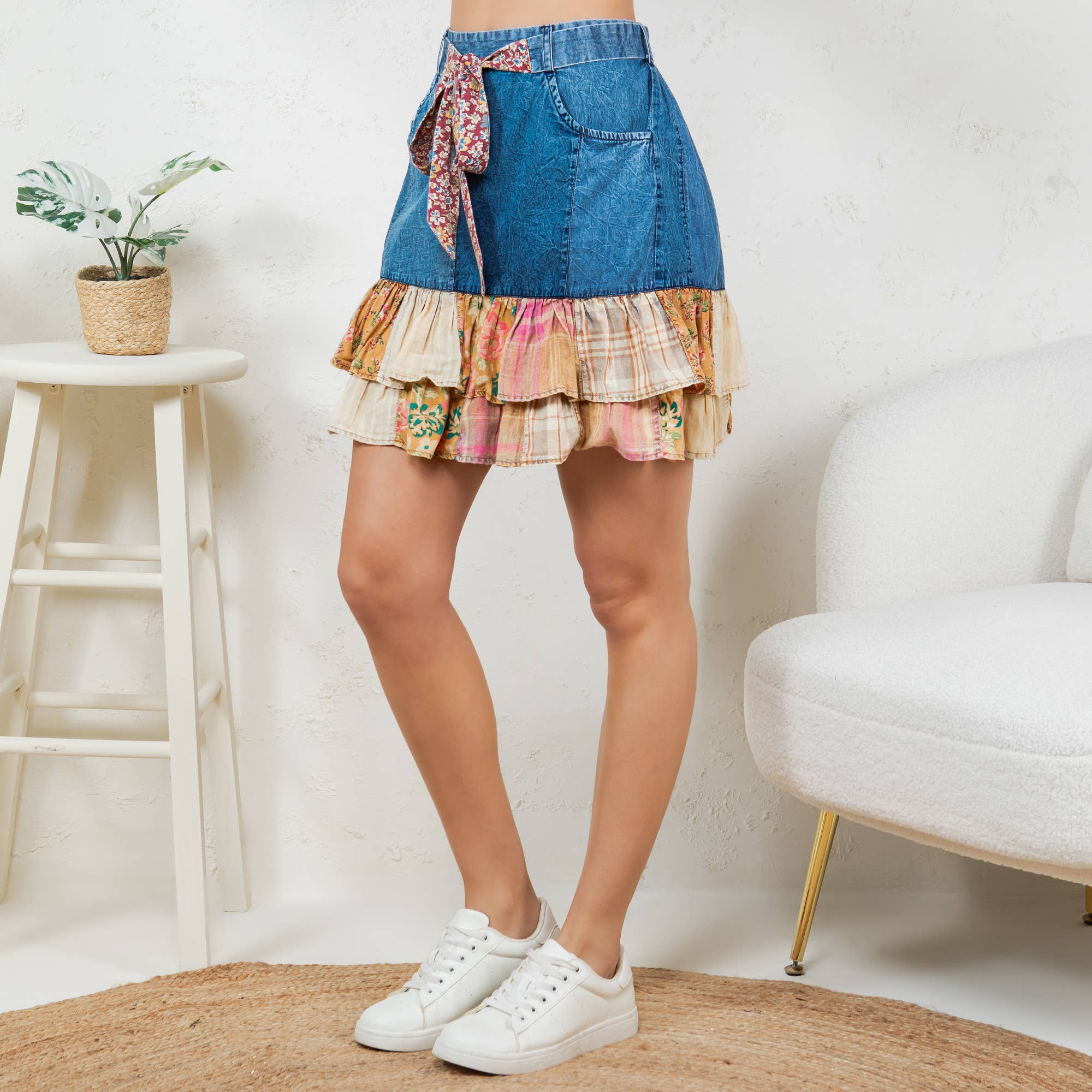 Playful Denim Mini Skirt with Plaid Patch