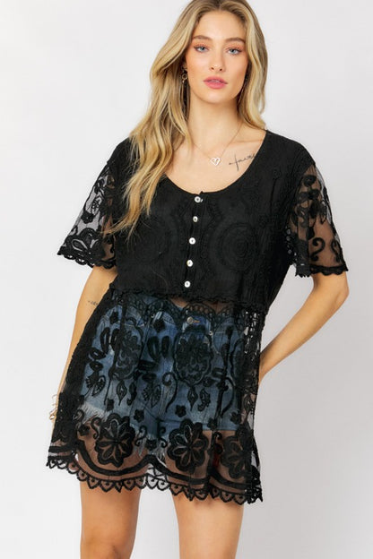 Sheer Crochet Lace Button Cover Up