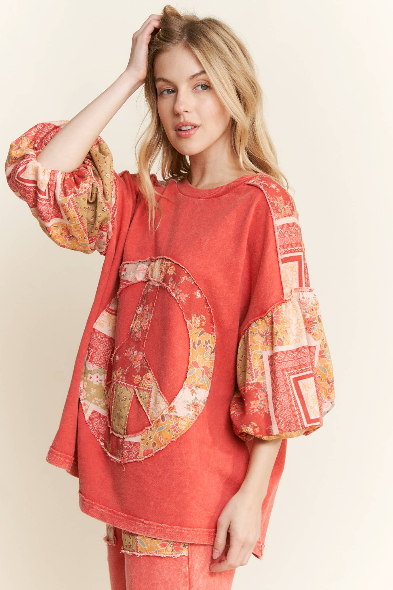 Peace Sign Blouse with Puff Sleeves