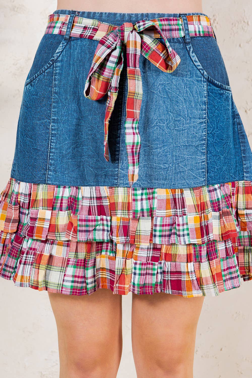 Playful Denim Mini Skirt with Plaid Patch