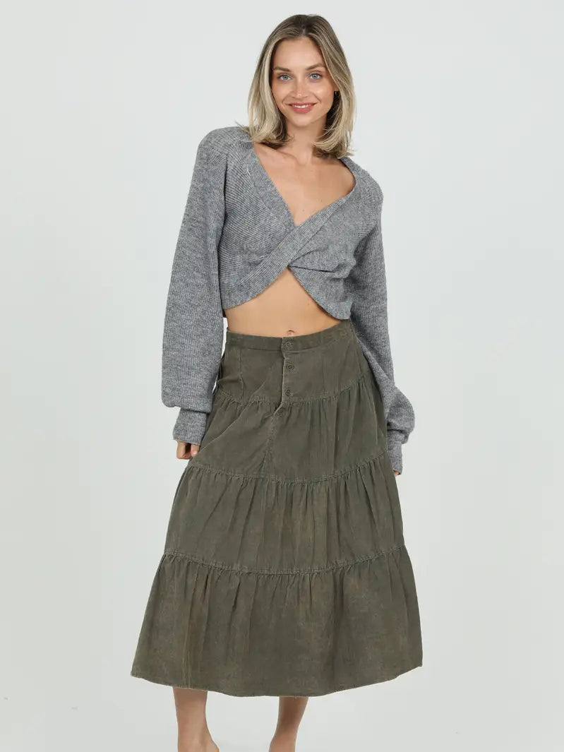 Button Front Tiered Corduroy Skirt