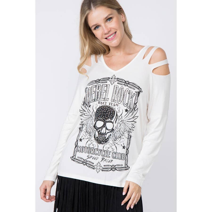 Long T-Shirt With Rhinestone Skull