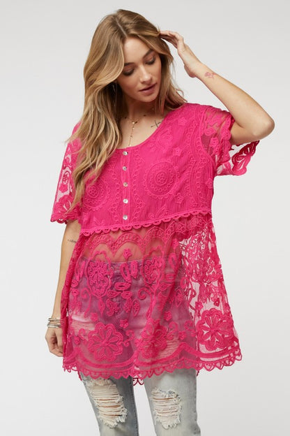 Sheer Crochet Lace Button Cover Up