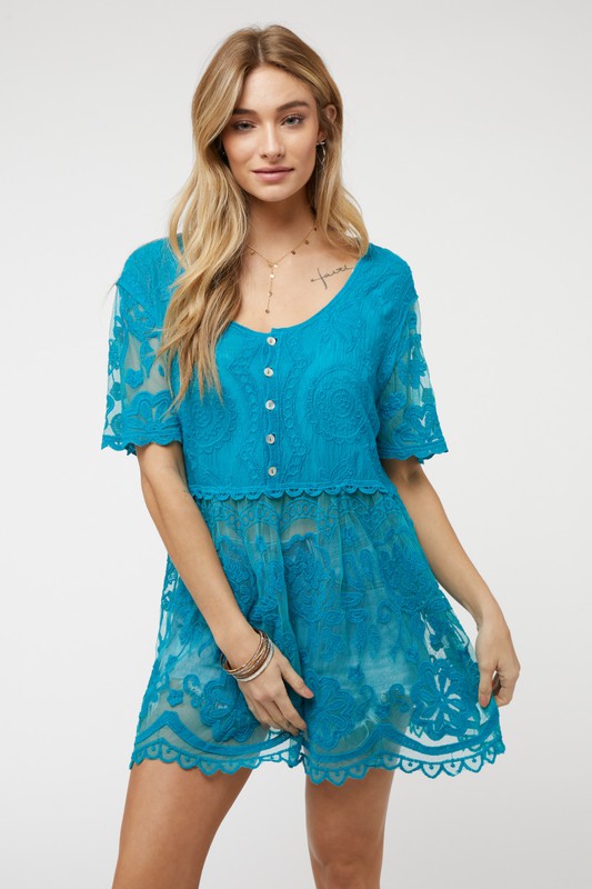 Sheer Crochet Lace Button Cover Up