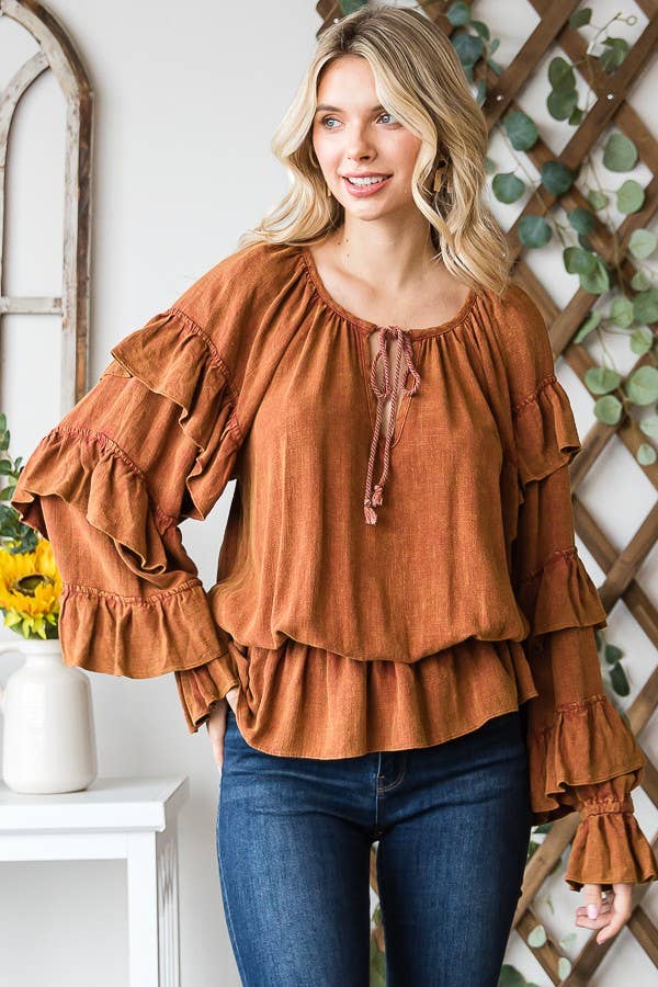 Washed Ruffle Sleeve Peplum Top