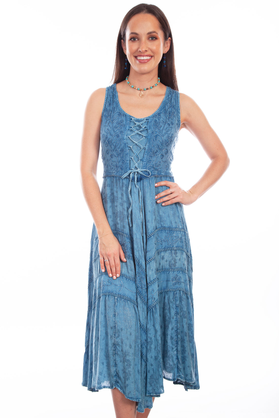 Lace-Up Front Sleeveless Midi Dress