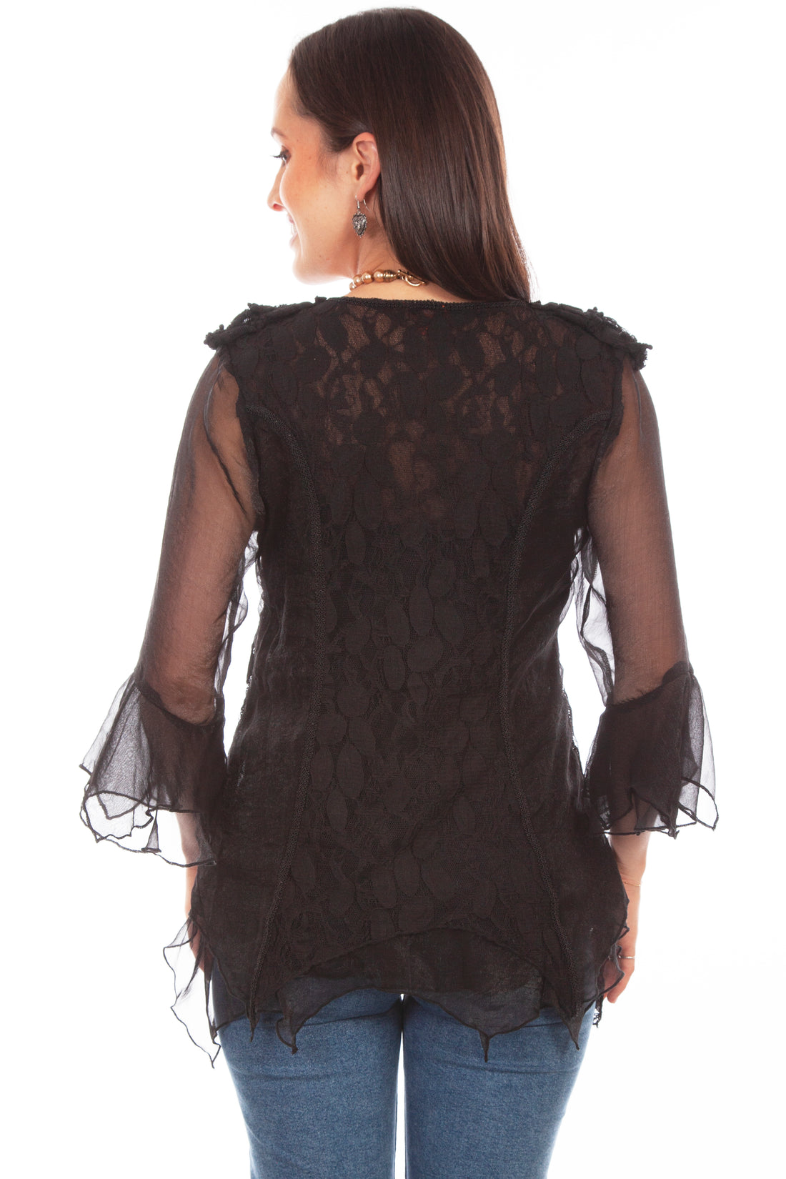 Sheer Sleeve Lace and Ruffle Blouse