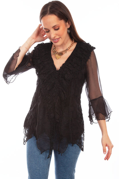 Sheer Sleeve Lace and Ruffle Blouse