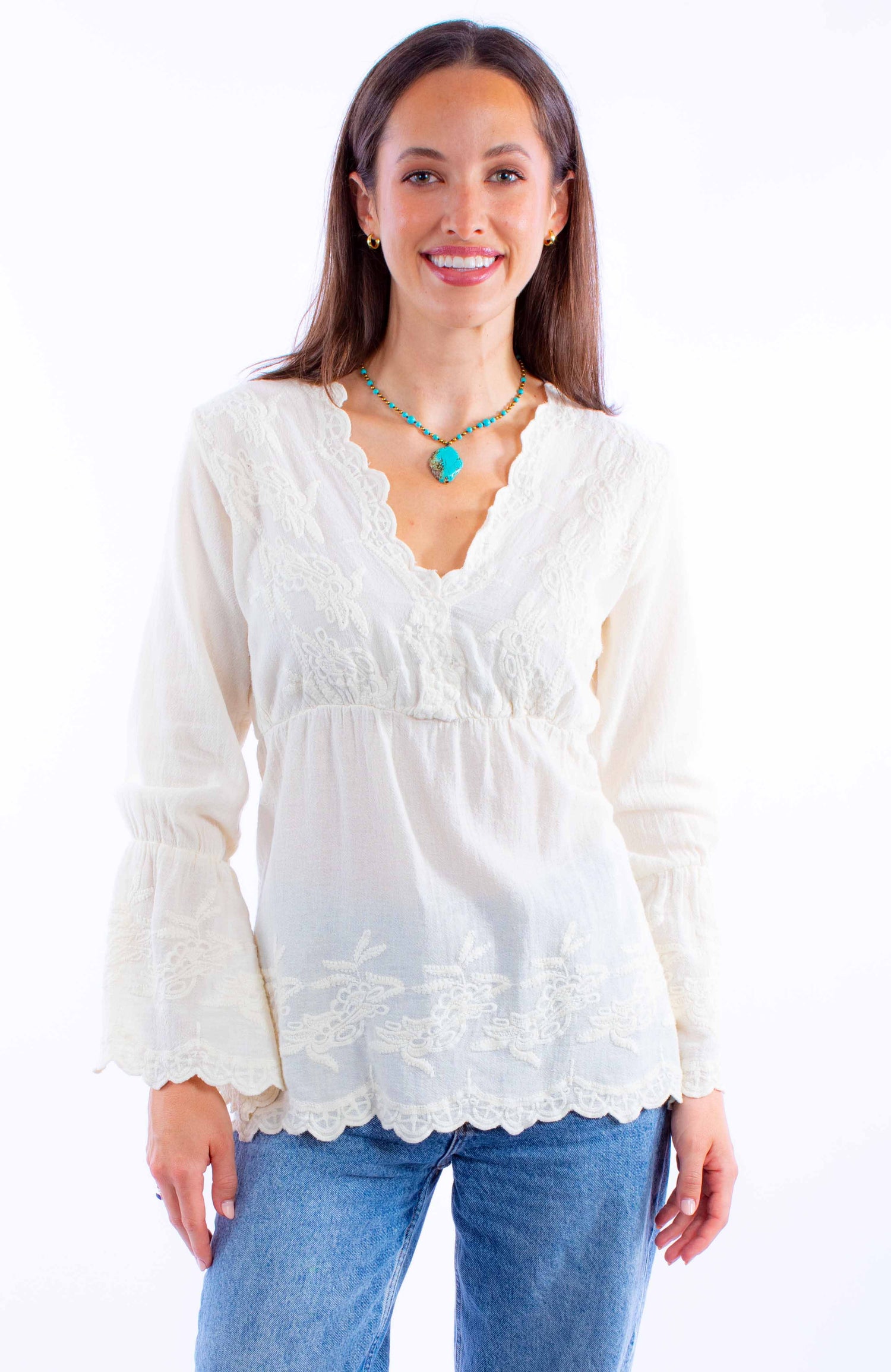 Bell Sleeve Embroidered V-Neck Top