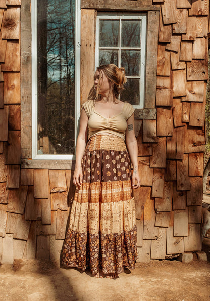 Bohemian Earthy Silk Tiered Maxi Skirt