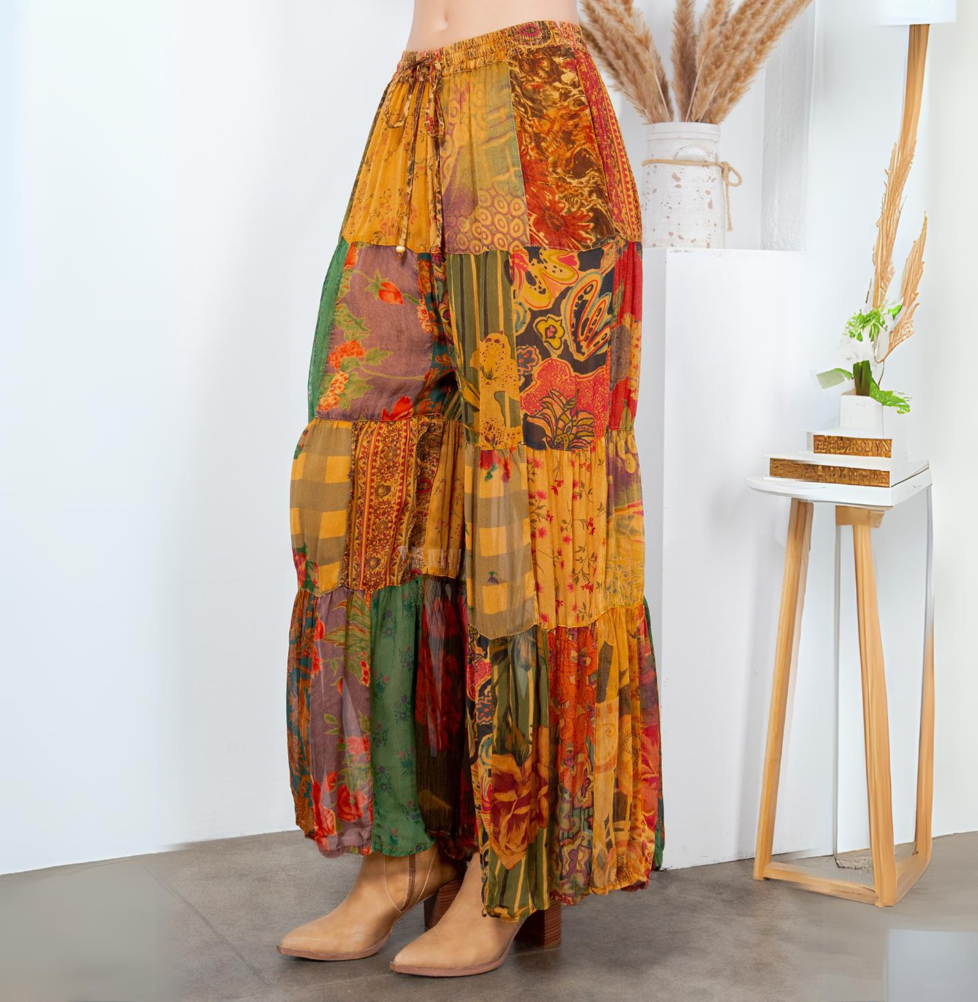 Long Flared Patchwork Pants Plus