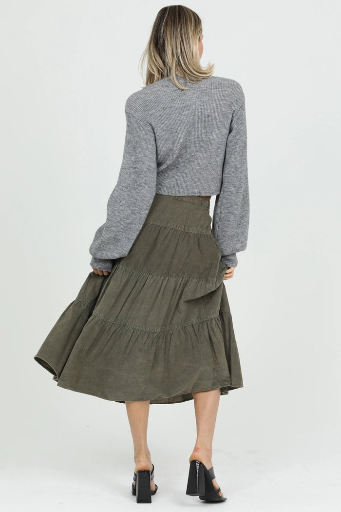 Button Front Tiered Corduroy Skirt