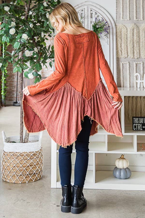 Mineral Washed Mixed Fabric Uneven Hem Tunic