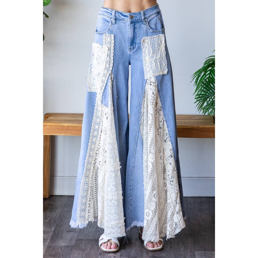 Lace Insert Denim Flares