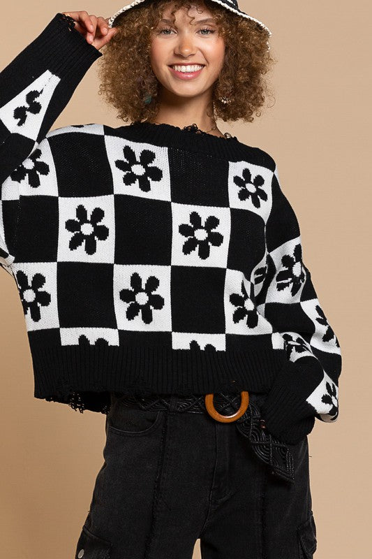Oversized Checkered Daisy Distressed Sweater