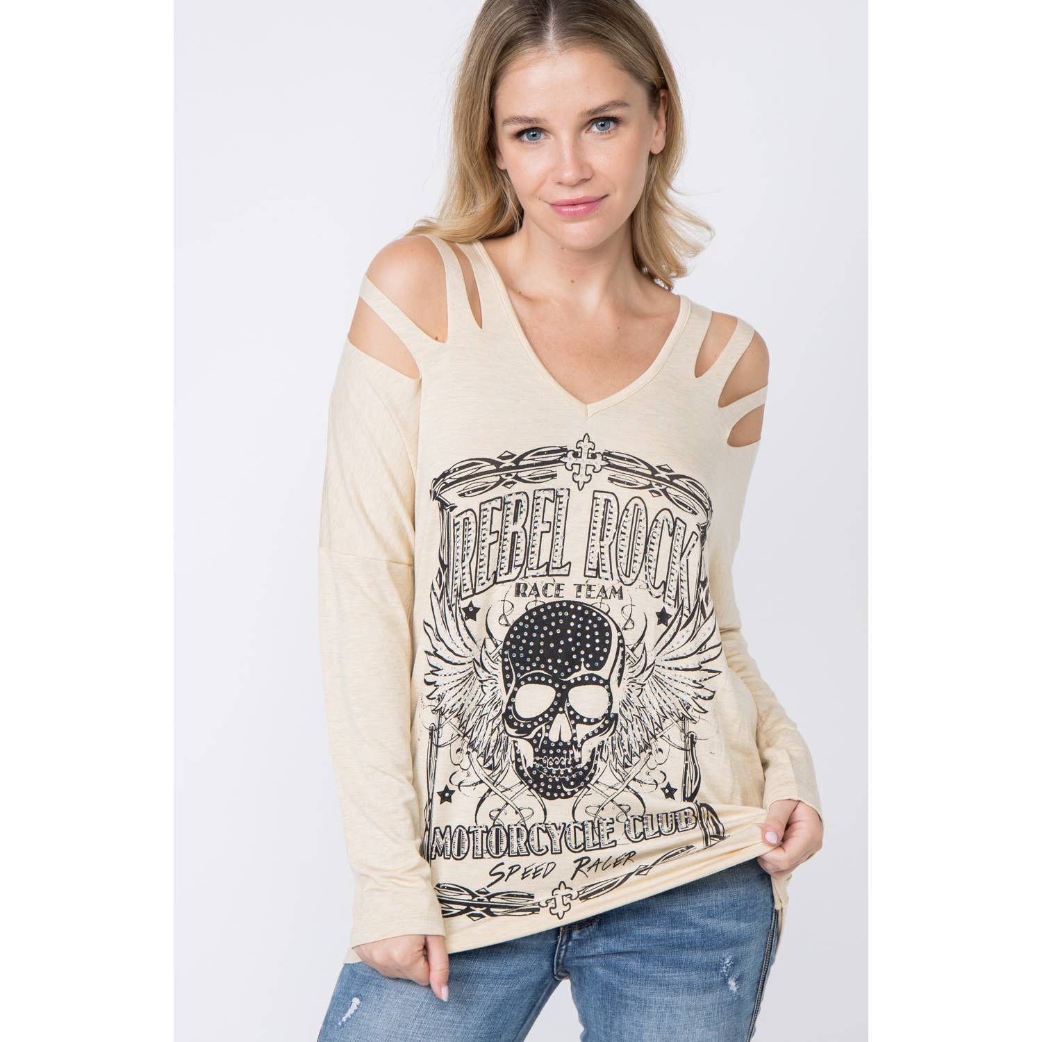 Long T-Shirt With Rhinestone Skull