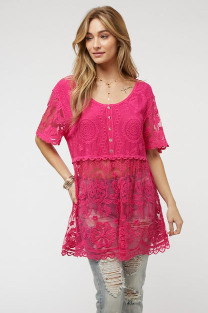 Sheer Crochet Lace Button Cover Up