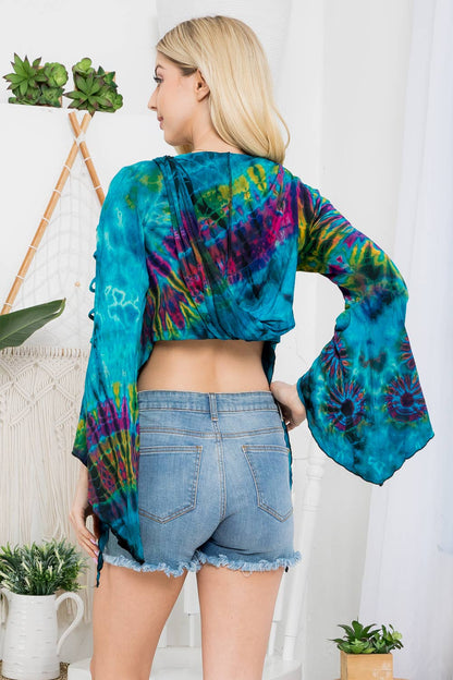 Tie-Dye Bell Sleeve Cropped Hoodie